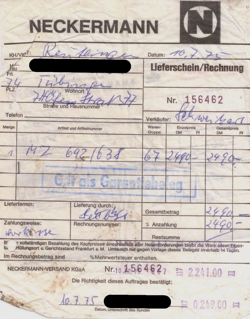 Neckermanns Rechnung für die MZ von 1975